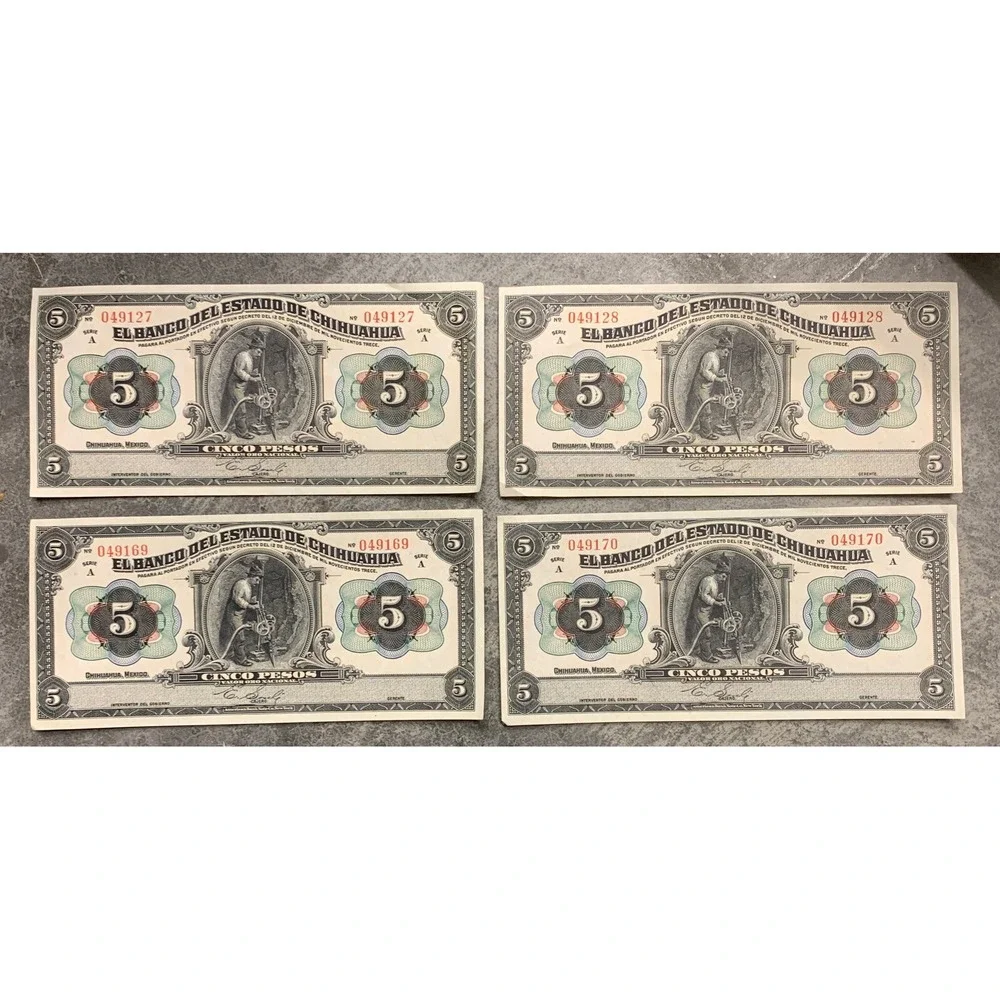 Mexico 5 Pesos, Serie A, 1913 UNC AU Banknote, lot of 4